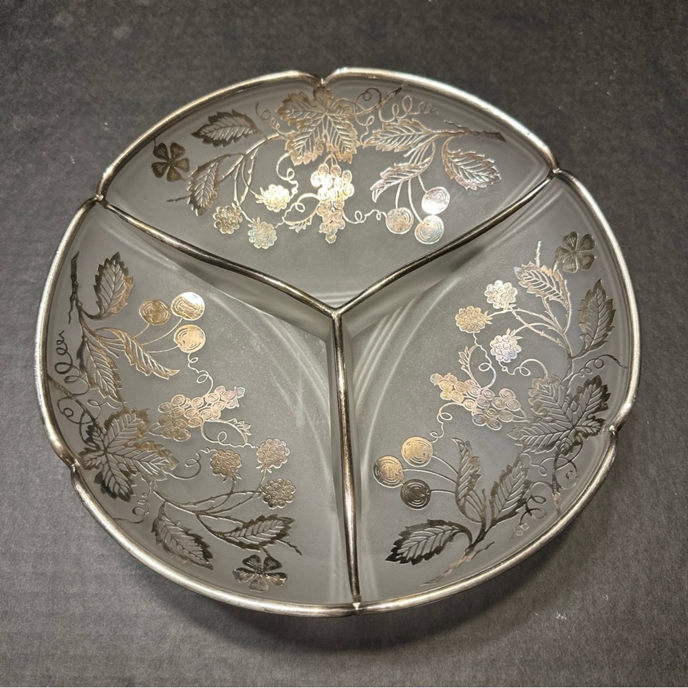RARE 9" Divided Frosted Glass W/Sterling Silver Overlay Imperial Glass Pie Crust